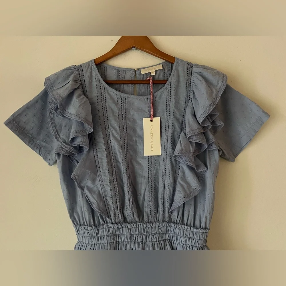 Love Shack Fancy Natasha Dress in Heather Blue Sz M NWT Ruffle Tiered